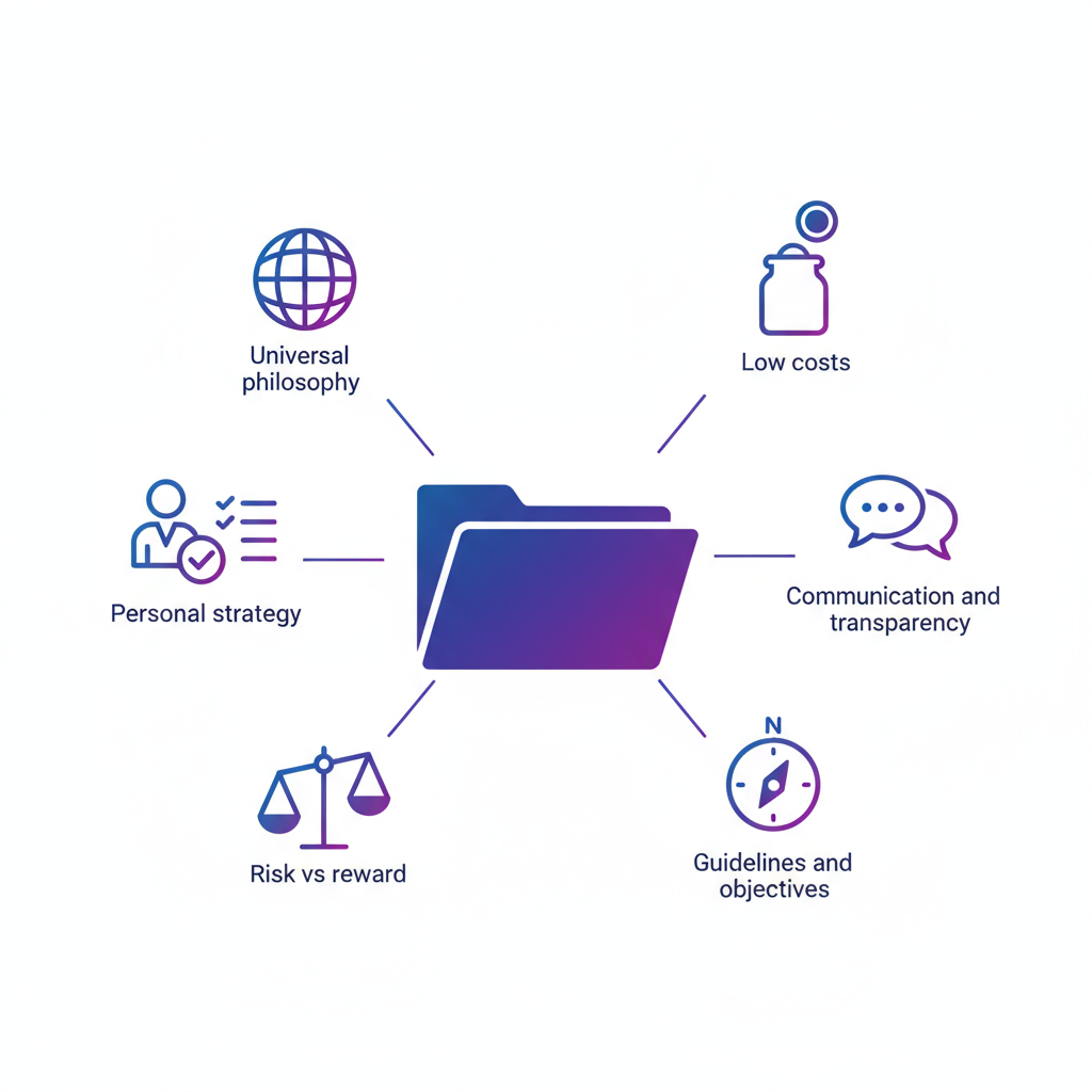 An infographic showing various aspects of investment, such as: communication, risk vs reward, personal strategy, etc.