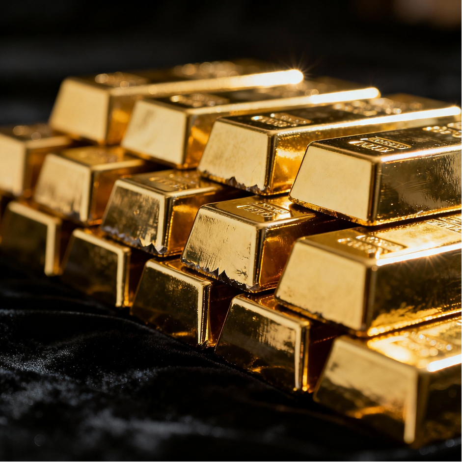 Stacks of gold bars glinting in the light.