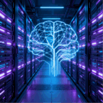 A brain design with a data centre backdrop.