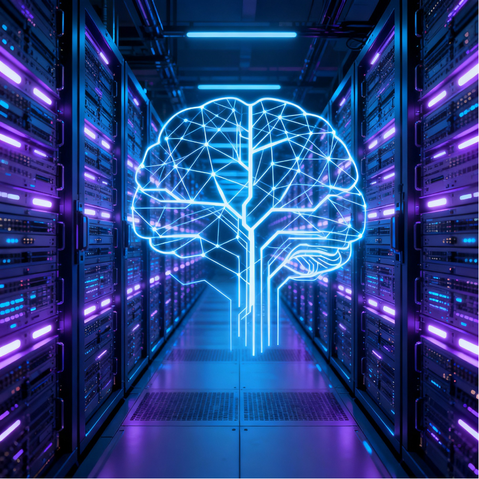 A brain design with a data centre backdrop.